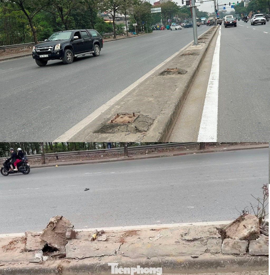 Hàng rào sắt ở dải phân cách giữa tuyến đường Giải Phóng bị nhổ tận gốc, nhưng chạy suốt tuyến đường này người tham gia giao thông không nhìn thấy một biển báo, bảng thông tin về sự việc.