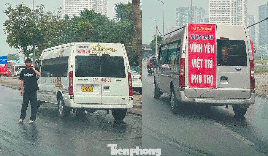 Ngoài xe khách lớn, đón trả khách trên các tuyến đường xung quanh bến xe Mỹ Đình còn có nhiều xe hợp đồng loại 16 chỗ, trong đó có xe còn che cả biển kiểm soát (ảnh bên phải) thi nhau đứng trên đường với xe khách liên tỉnh để vẫy, bắt khách. Ngoài xe khách lớn, đón trả khách trên các tuyến đường xung quanh bến xe Mỹ Đình còn có nhiều xe hợp đồng loại 16 chỗ, trong đó có xe còn che cả biển kiểm soát (ảnh bên phải) thi nhau đứng trên đường với xe khách liên tỉnh để vẫy, bắt khách.
