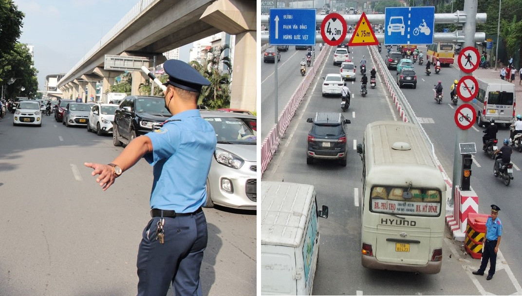 Đường Nguyễn Trãi (ảnh trái) và cầu vượt Mai Dịch (ảnh phải) là 2 điểm ùn tắc được liên ngành Thanh tra - Cảnh sát giao thông phối hợp xử lý trong năm 2024. Ảnh: A.T