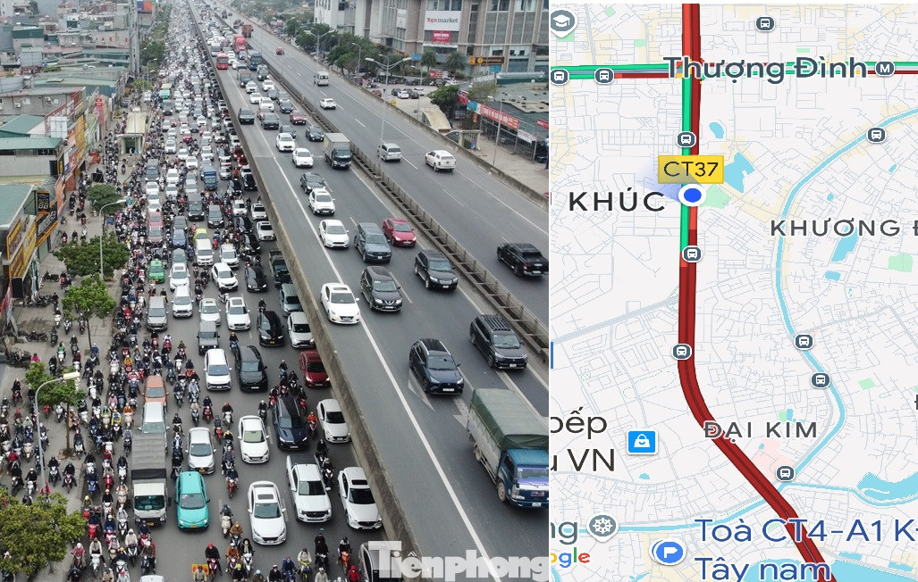 Thời điểm 7h30, trên đường Nguyễn Xiển (hướng từ Linh Đàm đổ về) ùn tắc kéo dài sang cả đường Nghiêm Xuân Yêm và đến tận Cầu Dậu (Linh Đàm), dài hơn 4,5 km.