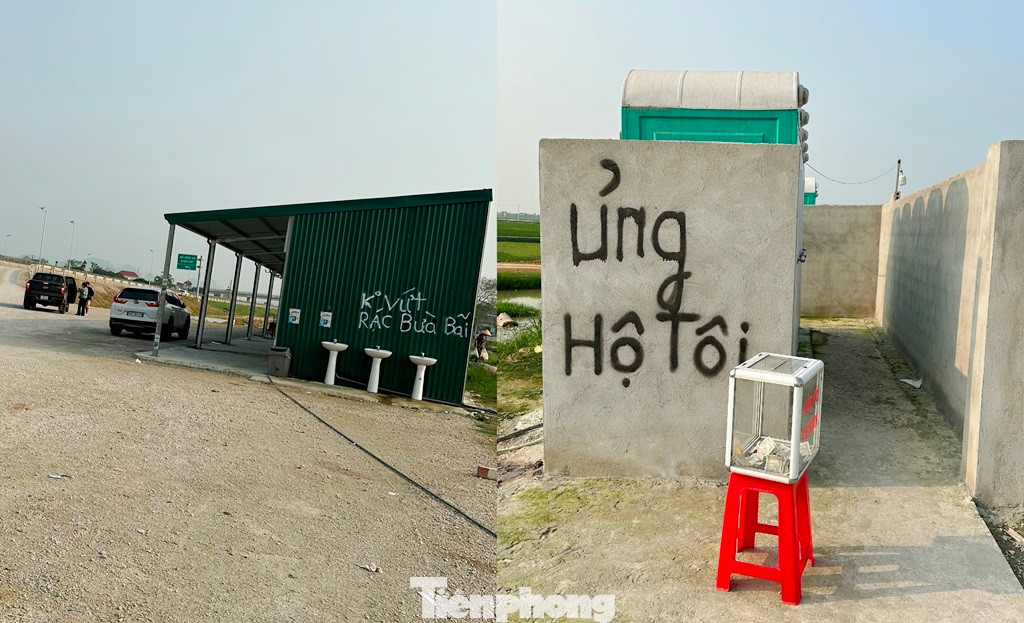 Để giúp người dân có thể dừng xe tạm để nghỉ ngơi, vệ sinh, một lán nghỉ tạm bợ trên mặt bằng trạm dừng nghỉ đã được quy hoạch, chưa có dịch vụ kèm theo đã được chủ đầu tư là Ban QLDA Thăng Long dựng lên