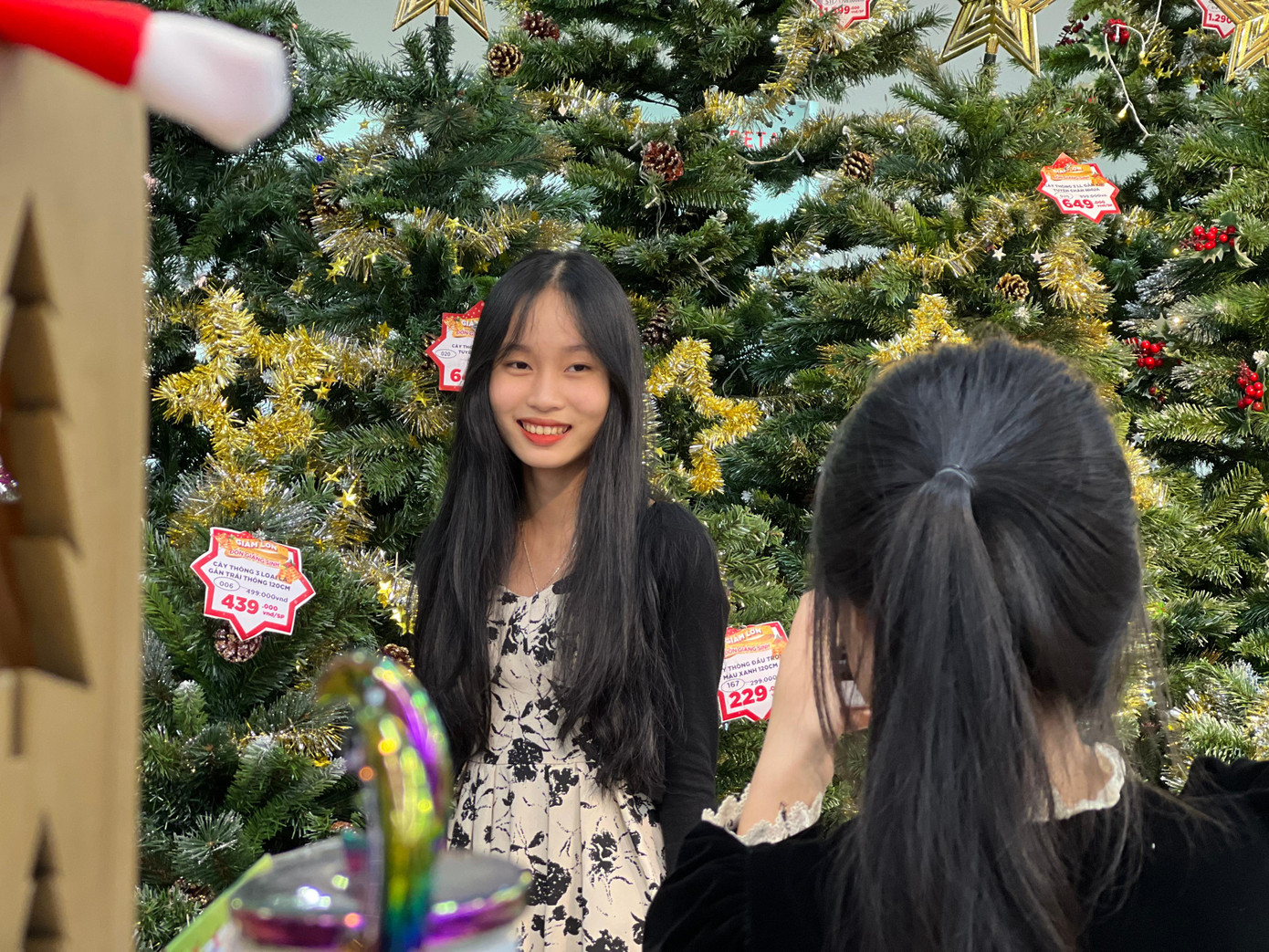 Bạn Phan Ngọc Anh Thư (trú Quảng Nam) cùng một người bạn chụp ảnh cho nhau tại một cửa hàng với cây thông trang trí. "Năm nay, em thấy đồ đa dạng, đẹp mắt nên rất hào hứng sống ảo tại đây mà không sợ trùng nhau", Thư chia sẻ.