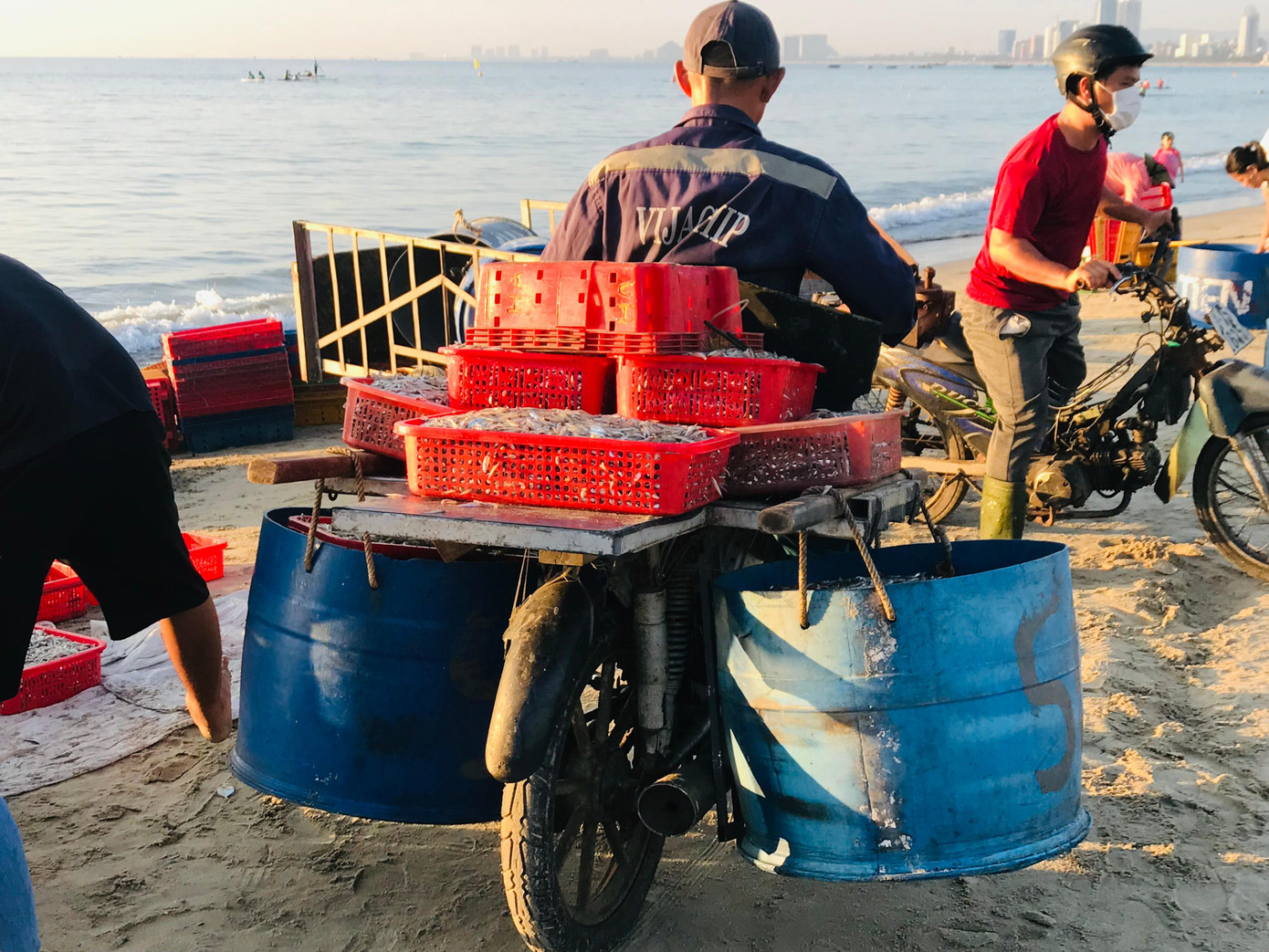 Từng khay, phi nhựa chứa cá cơm được thương lái chở về chợ nhỏ để buôn bán. Giá bán cá cơm tại chỗ là 25.000đ/kg, còn tại chợ lẻ lên đến 40.000đ-60.000đ/kg. Từng khay, phi nhựa chứa cá cơm được thương lái chở về chợ nhỏ để buôn bán. Giá bán cá cơm tại chỗ là 25.000đ/kg, còn tại chợ lẻ lên đến 40.000đ-60.000đ/kg.