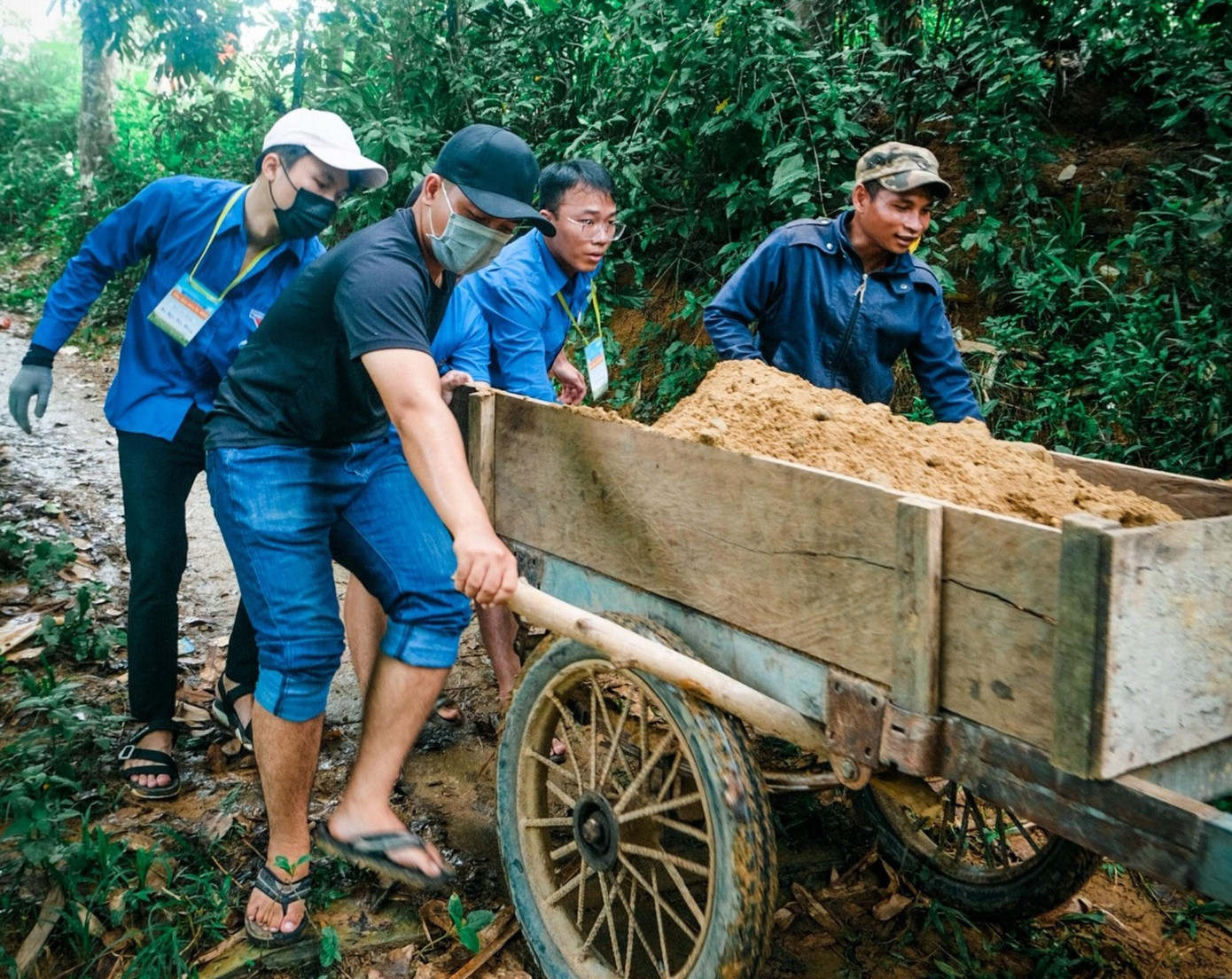 Sinh viên tình nguyện chở vật liệu xây dựng về làm đường giúp đồng bào Cơ Tu.