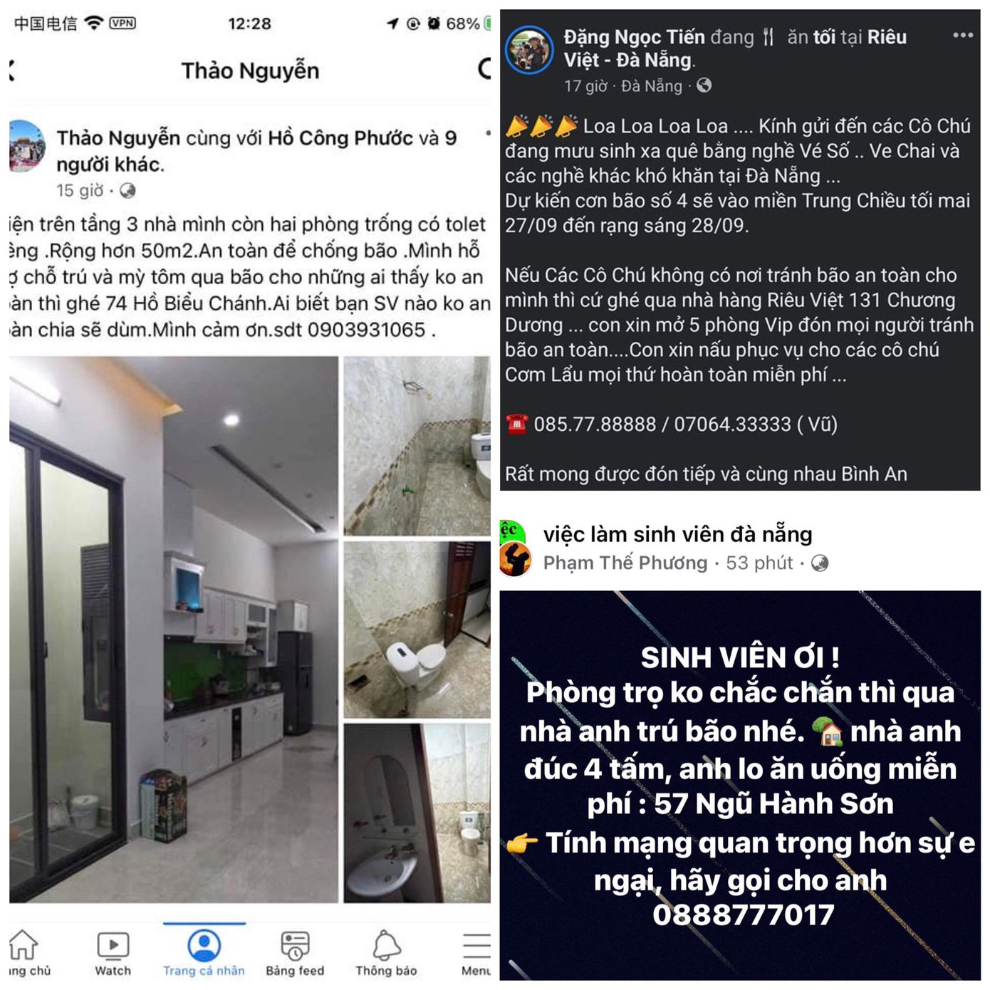 Hàng loạt bài đăng "ấm lòng ngày bão" tại Đà Nẵng trên MXH Facebook.