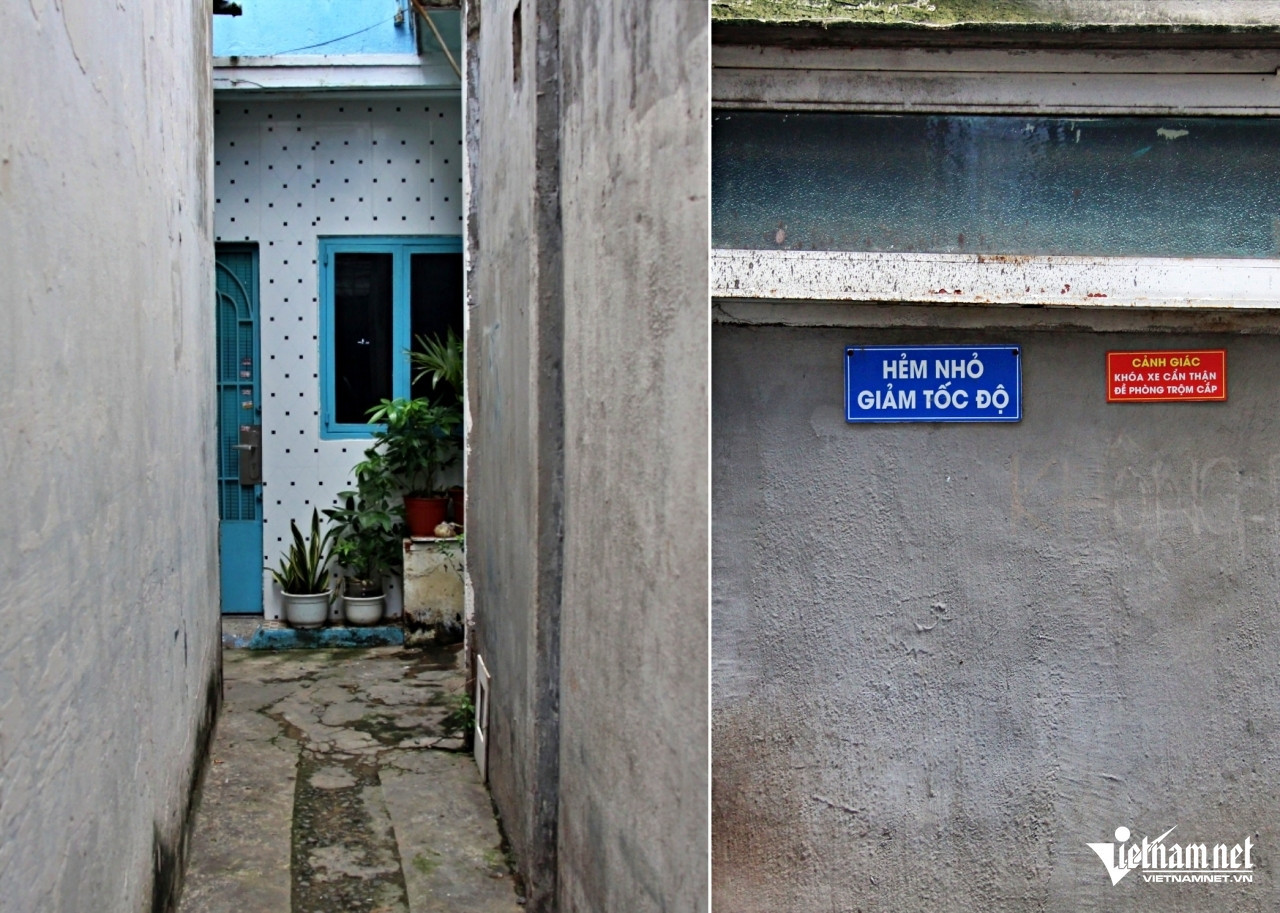 Hẻm nhỏ, nhiều khúc ngoặt vuông góc nên cơ quan chức năng phải gắn bảng cảnh báo. Ảnh: Hà Nguyễn. Hẻm nhỏ, nhiều khúc ngoặt vuông góc nên cơ quan chức năng phải gắn bảng cảnh báo. Ảnh: Hà Nguyễn.