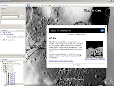 Khi bạn lựa chọn chuyến du hành của tàu Apollo trên thanh công cụ phía bên trái, bạn có thể nhận được những thông tin khái quát về chuyến du hành này cũng như đường link dẫn tới Wikipedia để tìm hiểu rõ hơn.