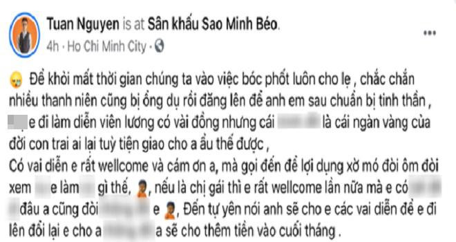 Tuấn Nguyễn công khai tố Minh Béo gạ đổi tình lấy vai diễn, động chạm vùng nhạy cảm.
