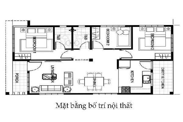 Phương án bố trí mặt bằng mẫu nhà cấp 4 7x20 thứ hai như sau: Kiến truc sư để lại một diện tích nhỏ phía trước nhà. Tiếp đến là cửa 1 cánh nhỏ gọn tiến vào không gian phòng khách. Tại mẫu nhà này phòng khách nối thông với khu vực bàn ăn cùng khu vực bếp. Đặt cuối nhà cùng với cửa thông ra khu vực phơi đồ của cả gia đình.