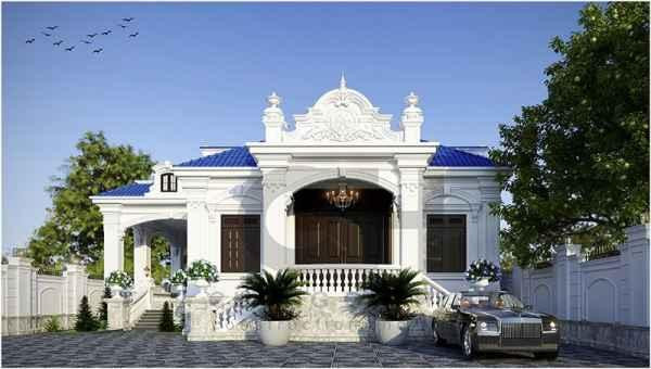 Mẫu biệt thự 1 tầng 4 phòng ngủ kinh phí thấp, được thiết kế theo phong cách kiến trúc cổ điển, màu trắng chủ đạo làm nổi bật những mảng phù điêu và hoa văn tinh tế. Hệ thống cửa được làm bằng chất liệu gỗ tạo sự ấn tượng. Ngăn thứ nhất là phòng khách và phòng bếp được ngăn cách bởi những khoảng lớn. Khu vực phòng khách được bố trí nội thất tiện nghi theo phong cách cổ điển tạo nên sự thống nhất cho công trình. Phòng bếp và phòng ăn được sắp xếp ngăn nắp và tiện dụng. Ngăn thứ hai là 4 phòng ngủ và một phòng đa năng. Phòng ngủ chính với thiết kế tiện nghi và sang trọng. Ba phòng ngủ còn lại sử dụng nội thất đơn giản nhưng đảm bảo tính tiện dụng. Mẫu biệt thự 1 tầng 4 phòng ngủ kinh phí thấp, được thiết kế theo phong cách kiến trúc cổ điển, màu trắng chủ đạo làm nổi bật những mảng phù điêu và hoa văn tinh tế. Hệ thống cửa được làm bằng chất liệu gỗ tạo sự ấn tượng. Ngăn thứ nhất là phòng khách và phòng bếp được ngăn cách bởi những khoảng lớn. Khu vực phòng khách được bố trí nội thất tiện nghi theo phong cách cổ điển tạo nên sự thống nhất cho công trình. Phòng bếp và phòng ăn được sắp xếp ngăn nắp và tiện dụng. Ngăn thứ hai là 4 phòng ngủ và một phòng đa năng. Phòng ngủ chính với thiết kế tiện nghi và sang trọng. Ba phòng ngủ còn lại sử dụng nội thất đơn giản nhưng đảm bảo tính tiện dụng.