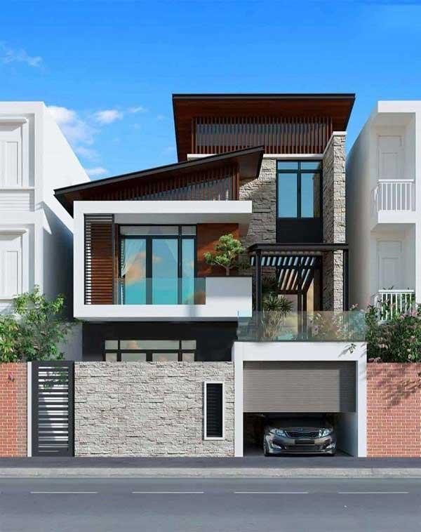 Mặt tiền được thiết kế 2 nửa xếp chồng lên nhau với hệ thống mái bằng lót gỗ cao cấp, mát mẻ về mùa hè, ấm áp về mùa đông, giảm thiểu tối đa khả năng nứt vỡ, hư hại công trình.