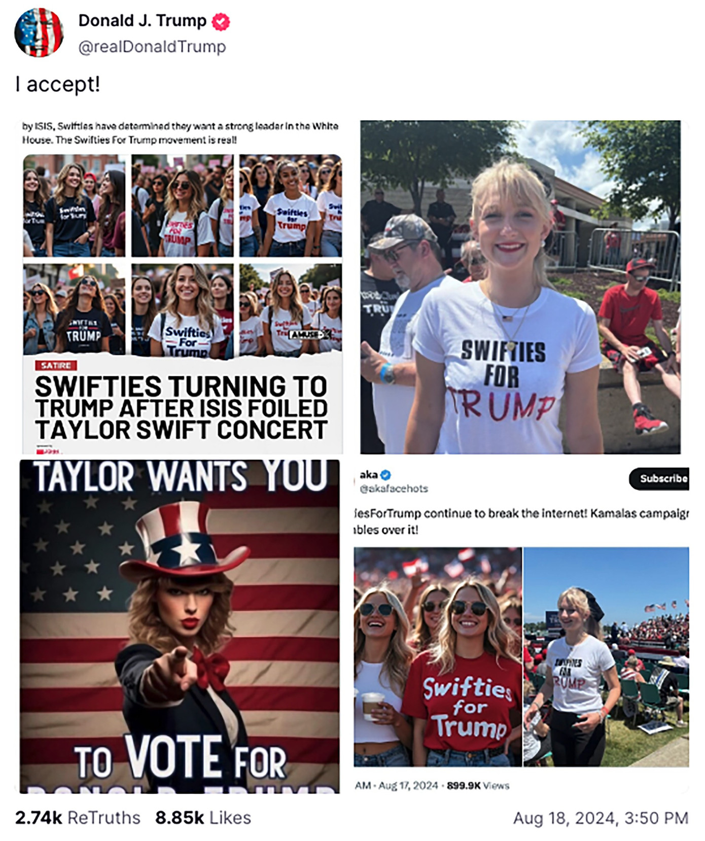 Ông Trump chia sẻ những hình ảnh do AI tạo ra về Taylor Swift và người hâm mộ của cô trên trang cá nhân. Ông Trump chia sẻ những hình ảnh do AI tạo ra về Taylor Swift và người hâm mộ của cô trên trang cá nhân.