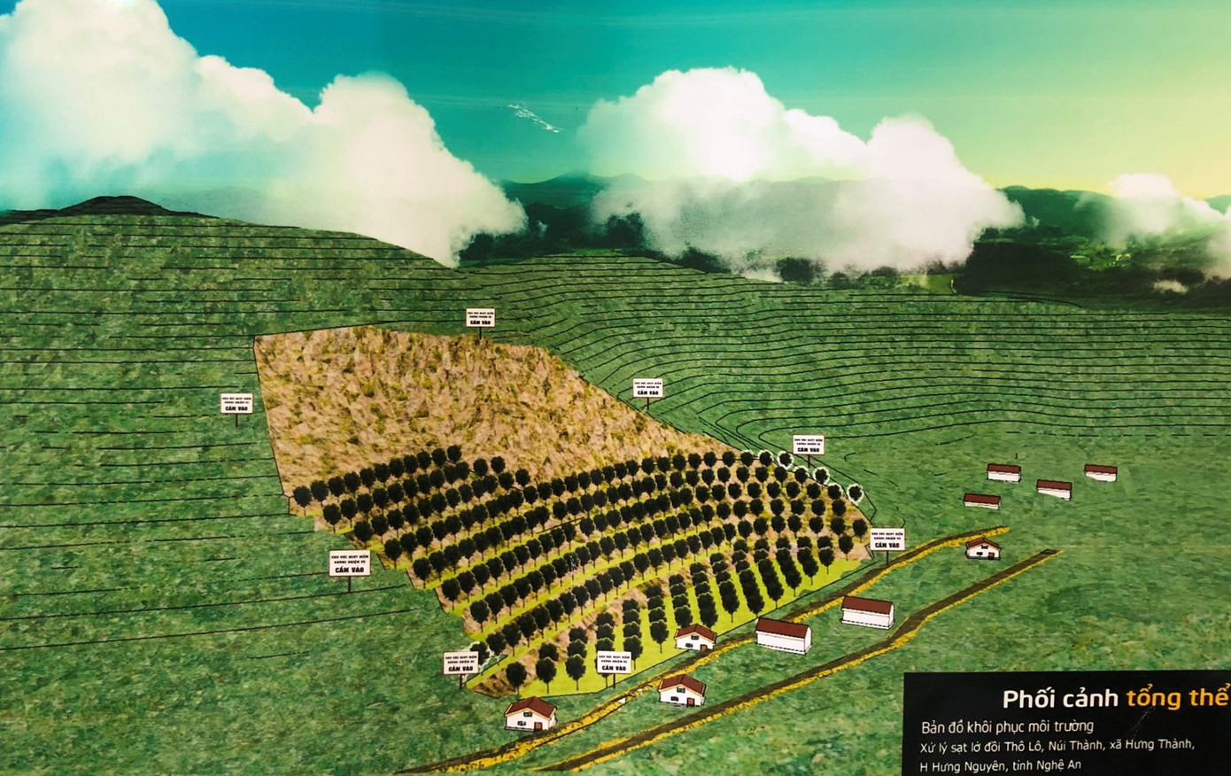Mục tiêu dự án là đảm bảo an toàn tính mạng, tài sản của người dân dưới chân đồi Thô Lô trước mùa mưa bão. Trong ảnh là phối cảnh tổng thể dự án khi hoàn thành.