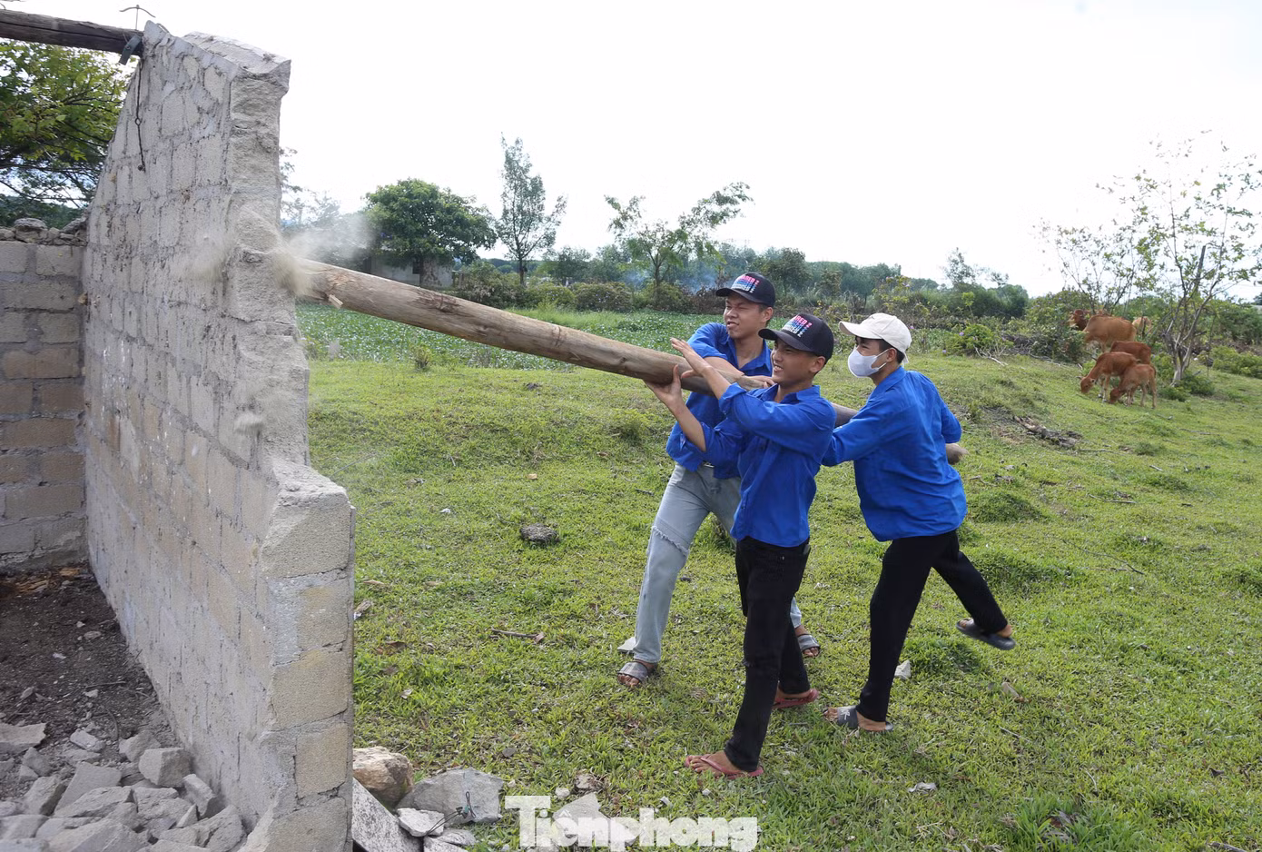 Thanh niên xung kích tháo dỡ công trình giúp người dân trong hành lang đường dây 500kV.