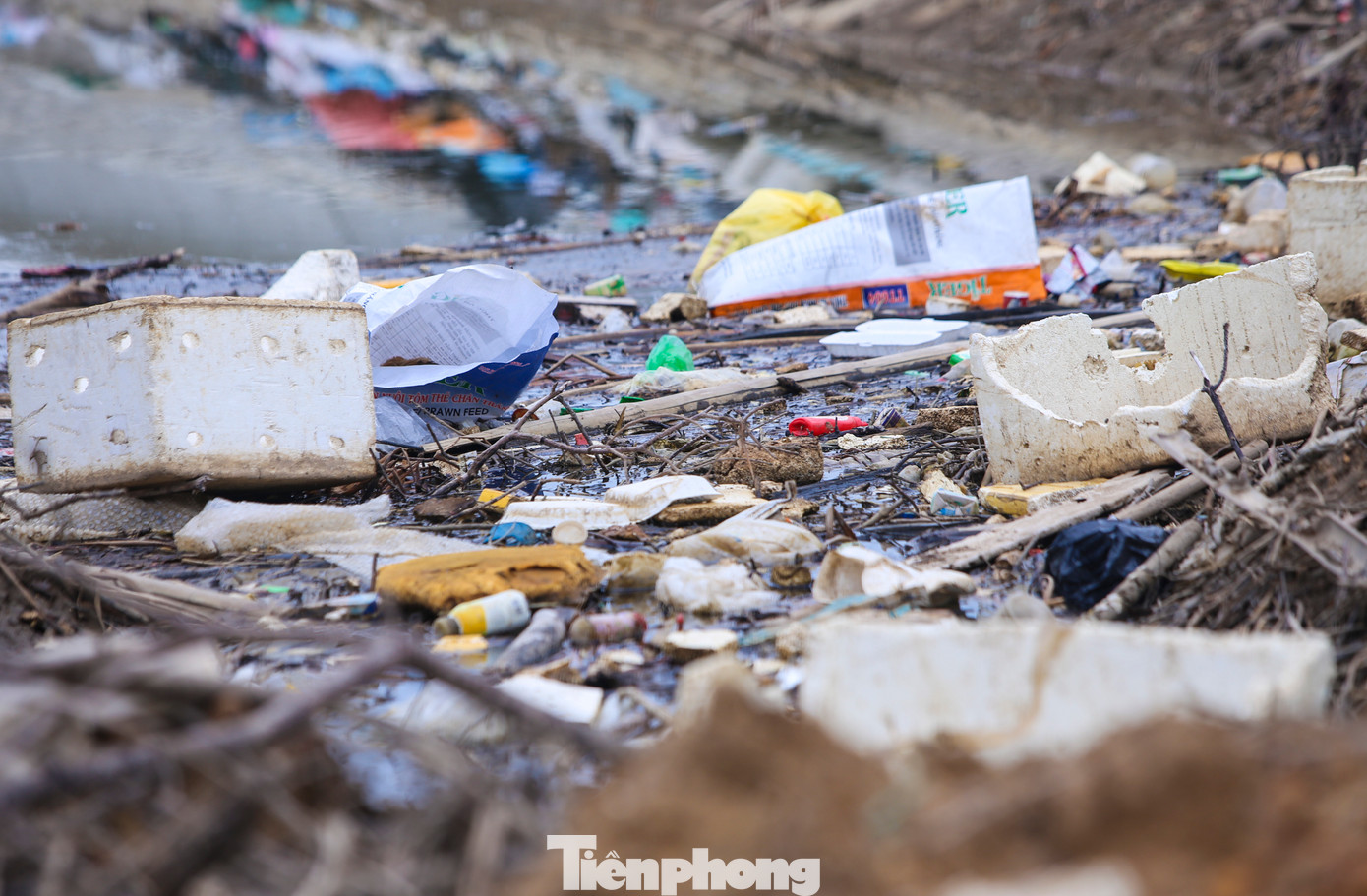 Phía ngoài tuyến đê thi công dở dang, rác thải trôi dạt trên sông đổ về mắc kẹt, ùn ứ. Người dân cũng vứt đủ loại rác thải ngay trên mái đê; xen lẫn trong đó là những cấu kiện bê tông đúc sẵn nằm ngổn ngang. Phía ngoài tuyến đê thi công dở dang, rác thải trôi dạt trên sông đổ về mắc kẹt, ùn ứ. Người dân cũng vứt đủ loại rác thải ngay trên mái đê; xen lẫn trong đó là những cấu kiện bê tông đúc sẵn nằm ngổn ngang.