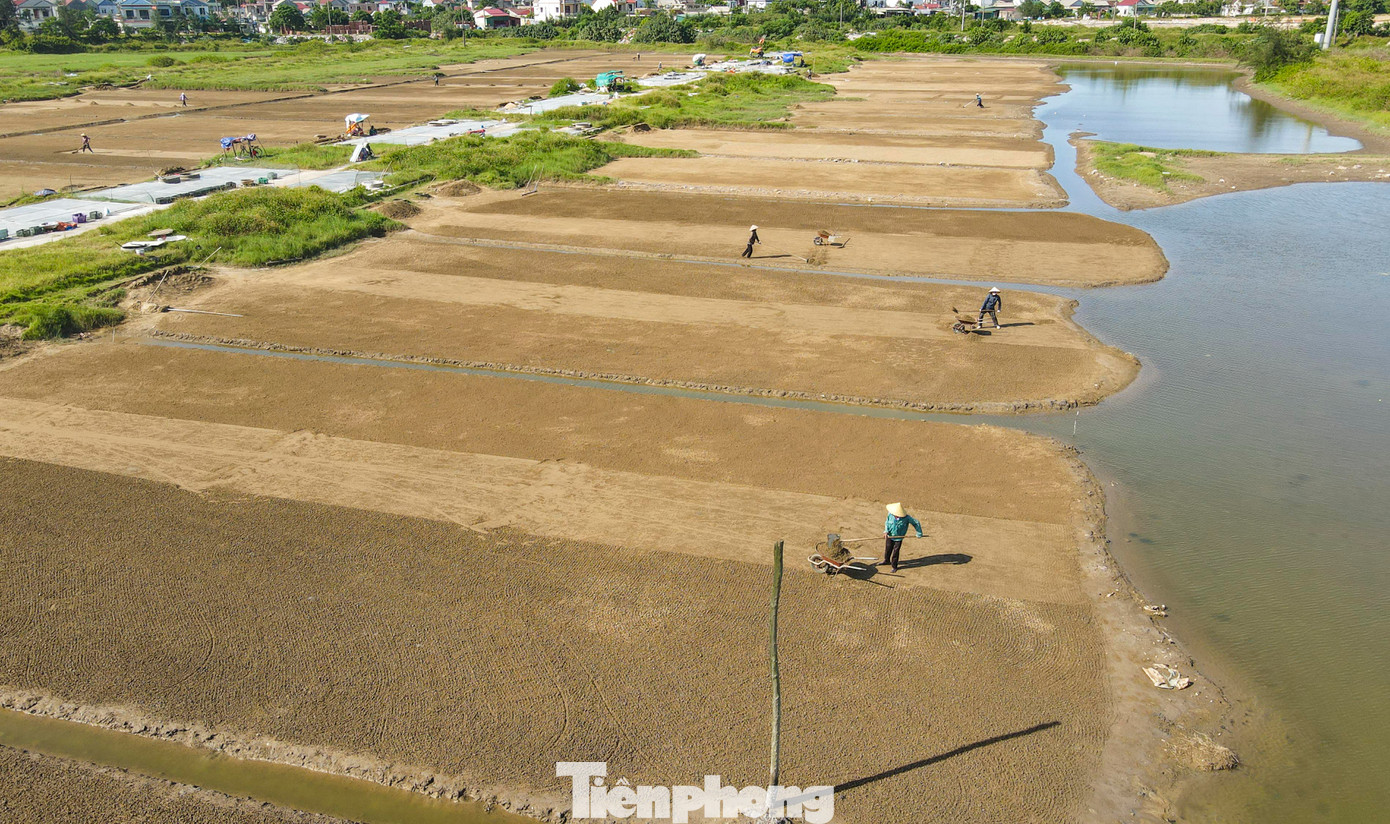 Trên các cánh đồng muối ở huyện Cẩm Xuyên, Kỳ Anh, giữa nắng nóng gay gắt, hàng chục hộ dân mang theo xẻng, bàn đẩy, gáo múc nước... ra ruộng làm việc.