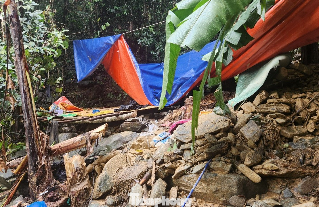 Tại hiện trường, lán trại bị sập, cây cối gãy đổ, đồ đạc, quần áo, mũ nón của nhóm công nhân nằm ngổn ngang.