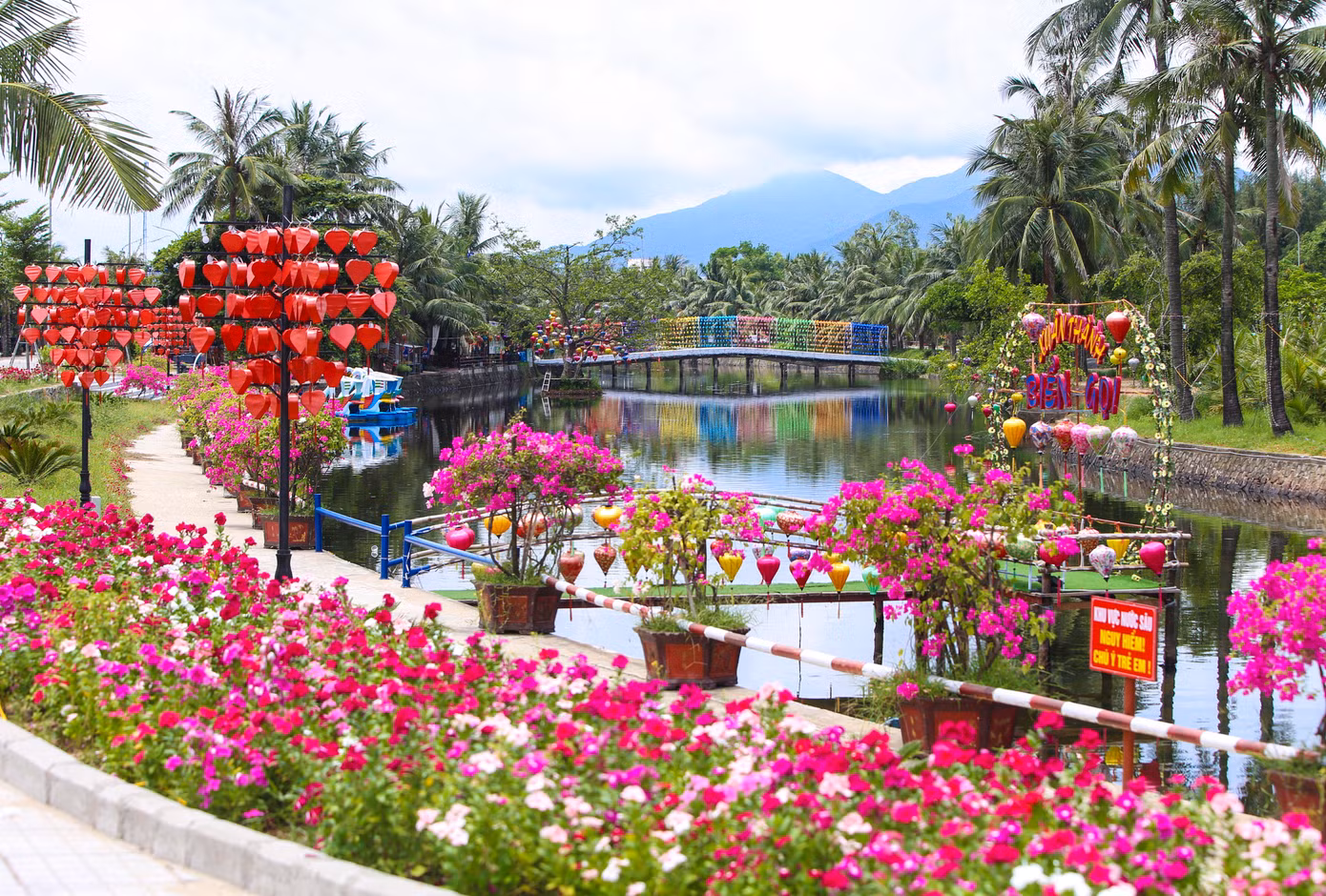 Những tuyến đường hoa vừa độ bung nở, tạo ấn tượng đối với du khách. Ở các góc đường, hàng nghìn chiếc đèn lồng được trang trí trên cây xanh đủ sắc màu mang đến một không gian mới lạ.