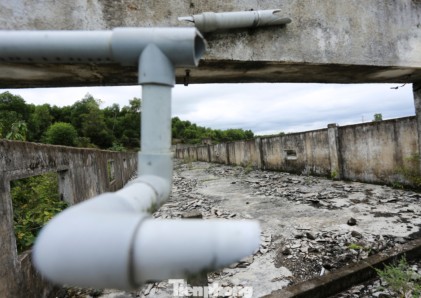 Hệ thống mái fibrô xi măng ở các dãy chuồng trại vỡ nát, vương vãi.