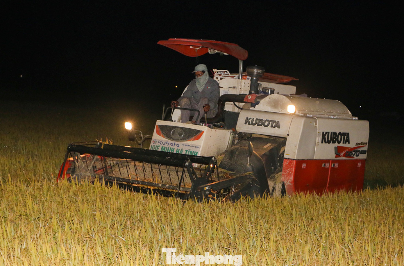 Các hộ dân đứng ven đường nội đồng, trên đầu đội đèn pin chờ tới lượt thu hoạch lúa. Niềm vui khi có vụ mùa năng suất.