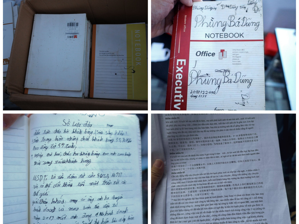 Hàng chục cuốn sổ ghi chép lại các kịch bản lừa đảo. (Ảnh: Công an cung cấp)