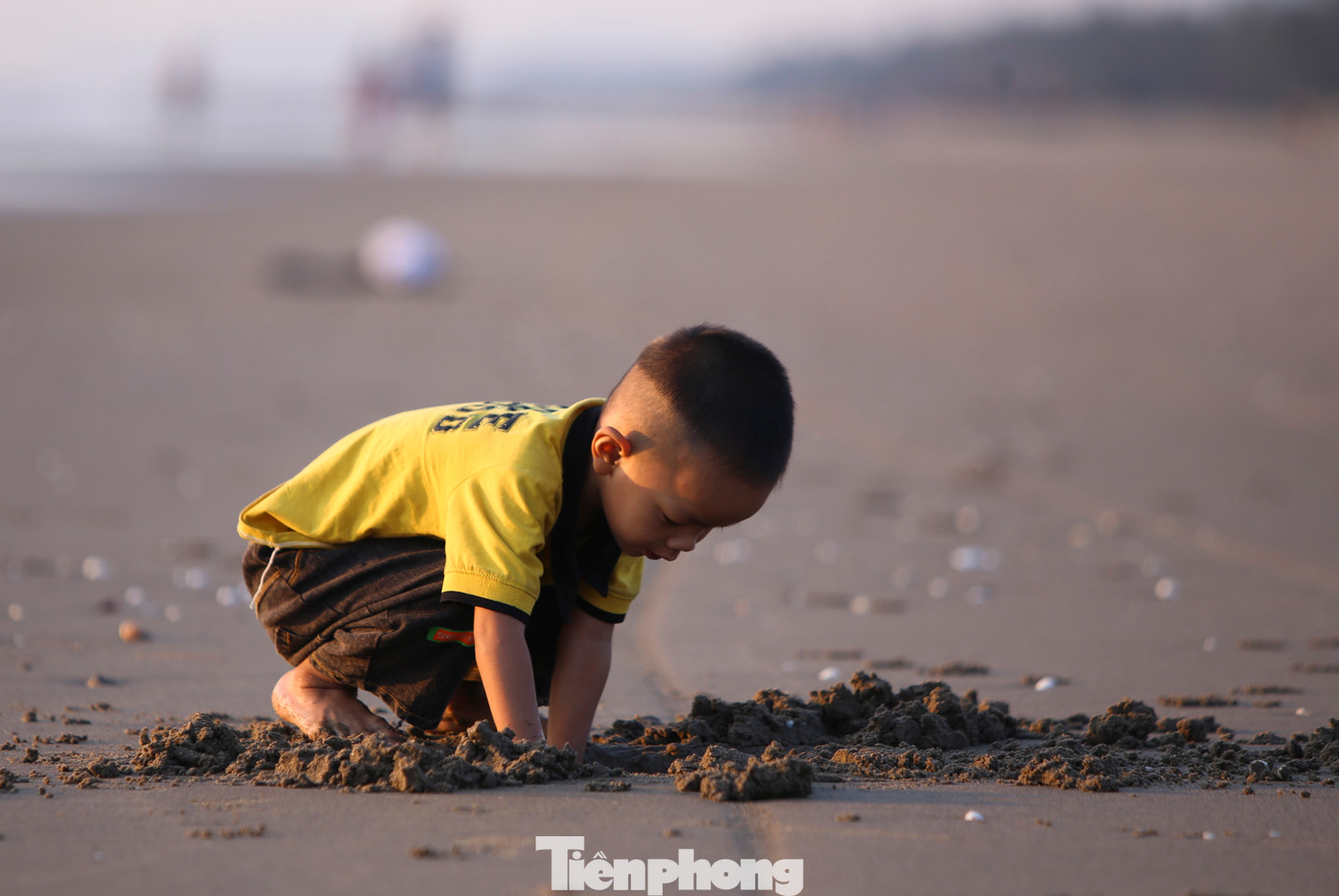 Những em nhỏ vui đùa xây lâu đài cát trên bãi biển.