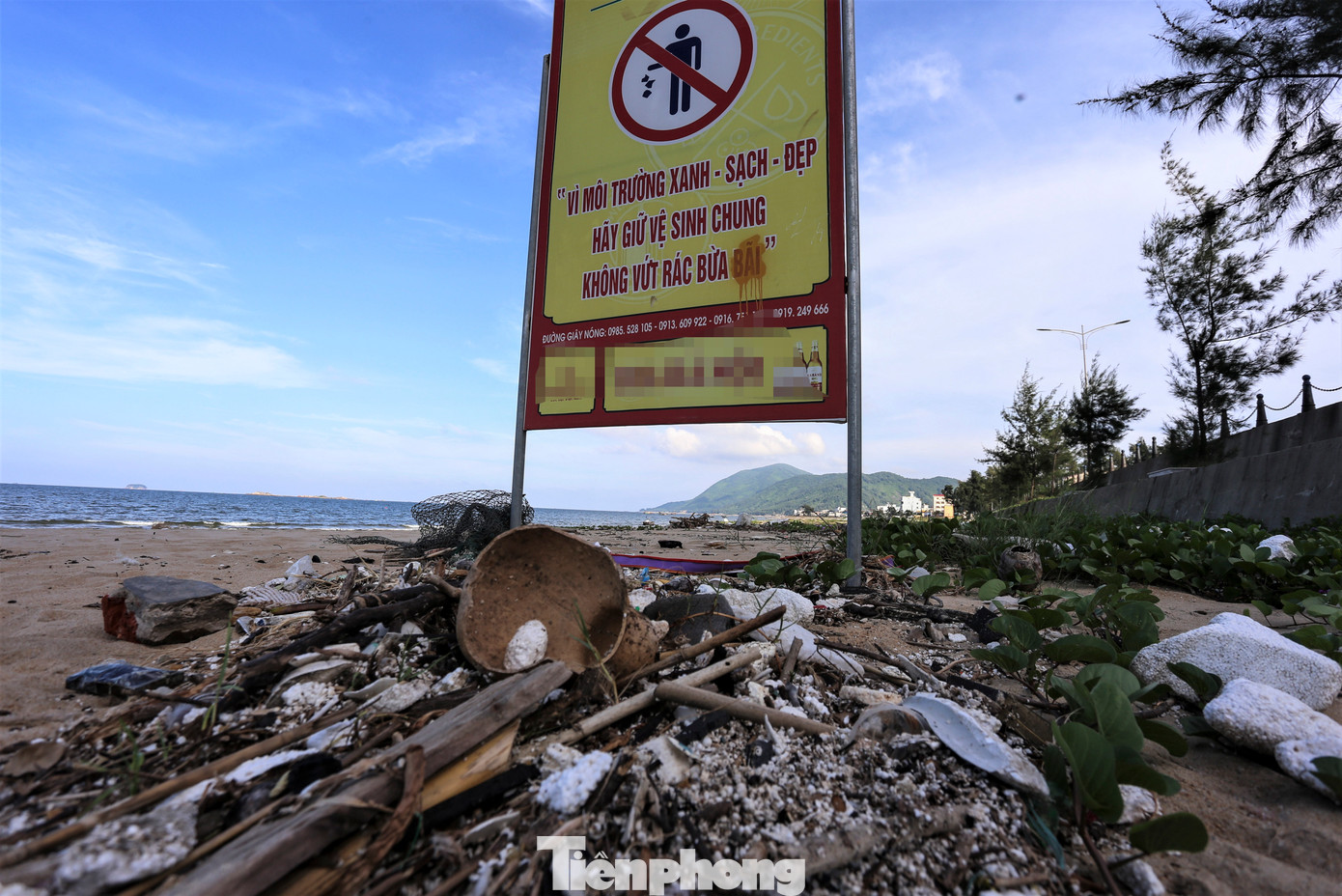 Không chỉ gây ô nhiễm môi trường, mất mỹ quan, nhiều khúc cây lớn bị sóng đánh dạt vào bờ nằm ngổn ngang còn tiềm ẩn nguy hiểm với người dân khi xuống biển.