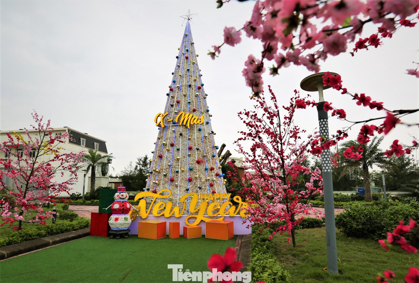 Quanh cây thông là 4 cây đào giả được đặt đối xứng nhau tô thêm sự ấm áp trong mùa Giáng sinh.