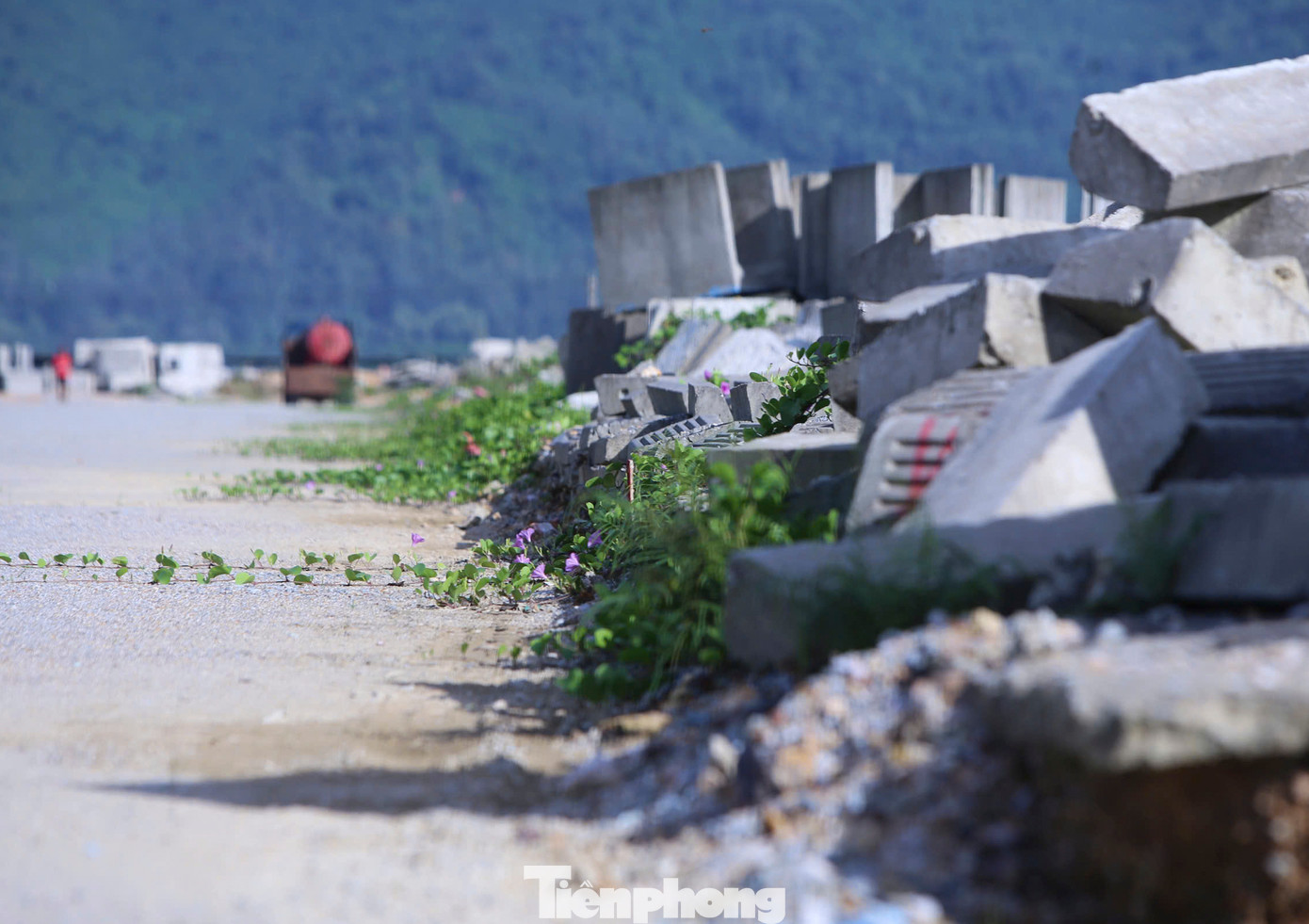 Dự án đình trệ khiến máy móc nằm chờ, cấu kiện ngổn ngang dọc tuyến đường. Người dân gặp khó trong việc đi lại.