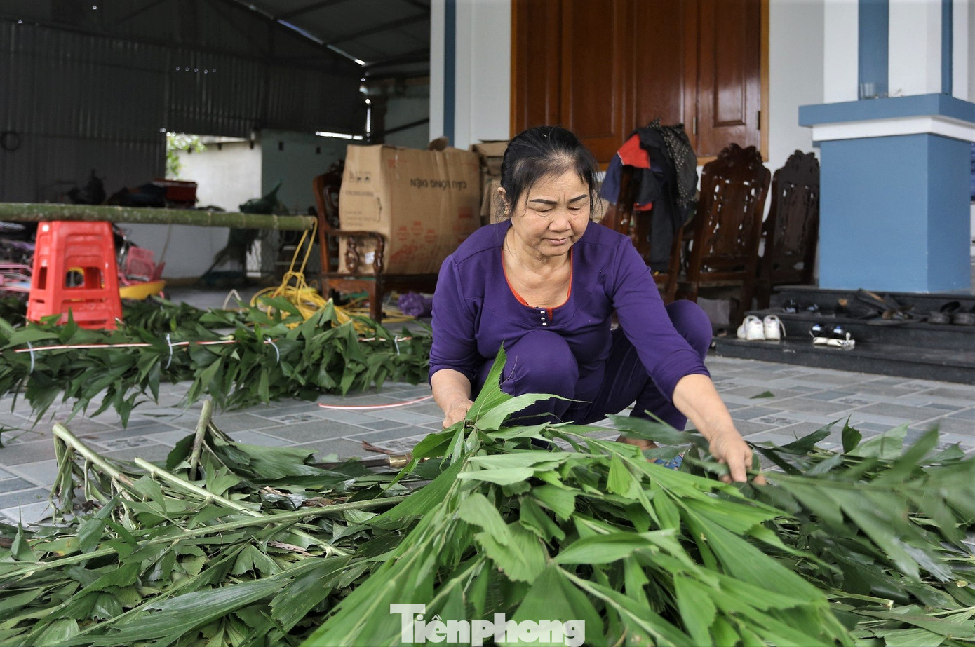 Trên thân cây nêu, người dân thường dùng lá cây đủng đỉnh bọc quanh để cây được đẹp hơn. Cây đủng đỉnh cũng là loài xua đuổi tà ma, mọc tự nhiên trong rừng. Muốn có lá đủng đỉnh, mọi người phải tự đi chặt hoặc mua với giá 200.000-220.000 đồng mỗi bó. Thợ làm nêu sẽ thay nhau cắt phần lá với nhánh nhỏ và bỏ bớt nhánh to để dễ dàng gắn kết vào thân tre
