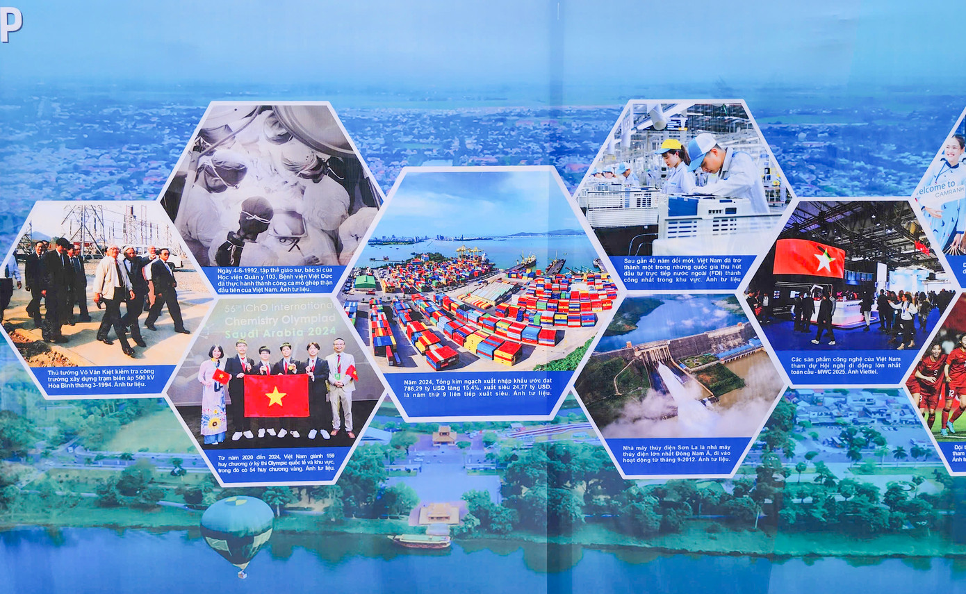 Triển lãm còn trưng bày các hình ảnh hội nhập, phát triển sau 50 năm thống nhất đất nước, bước vào kỷ nguyên mới.