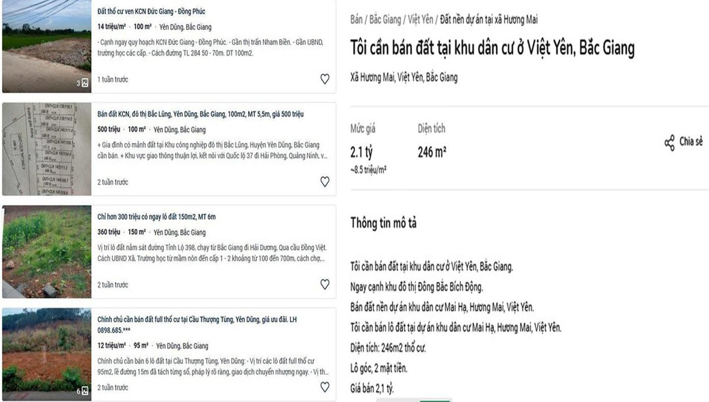 Lô đất thổ cư 246m2 có 2 mặt tiền tại xã Hương Mai (huyện Việt Yên, Bắc Giang) đang được rao bán với giá 2,1 tỷ đồng ( tương đương 8,5 triệu đồng/m2) dù hồi giữa tháng 6 đất ở khu vực này có giá từ 17 - 23 triệu đồng/m2. Lô đất thổ cư 246m2 có 2 mặt tiền tại xã Hương Mai (huyện Việt Yên, Bắc Giang) đang được rao bán với giá 2,1 tỷ đồng ( tương đương 8,5 triệu đồng/m2) dù hồi giữa tháng 6 đất ở khu vực này có giá từ 17 - 23 triệu đồng/m2.