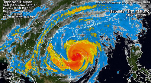 9h sáng nay 11/10, trang web Weather Underground dự báo bão Haiyan đổ vào đất liền trên địa bàn tỉnh Hải Phòng, Quảng Ninh. Hình ảnh trên vệ tinh và bản đồ