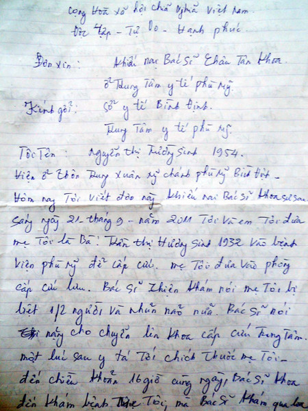 Đơn thư khiếu kiện của gia đình có bệnh nhân chết tại TTYT Phù Mỹ Ảnh: V.H 