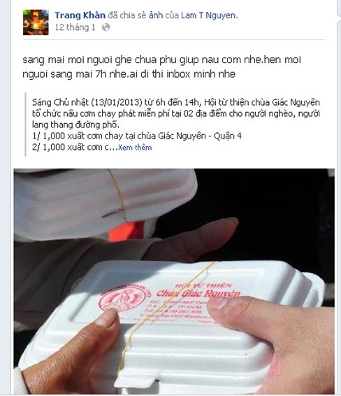 Trang Trần thường xuyên kêu gọi bạn bè làm từ thiện trên trang facebook cá nhân