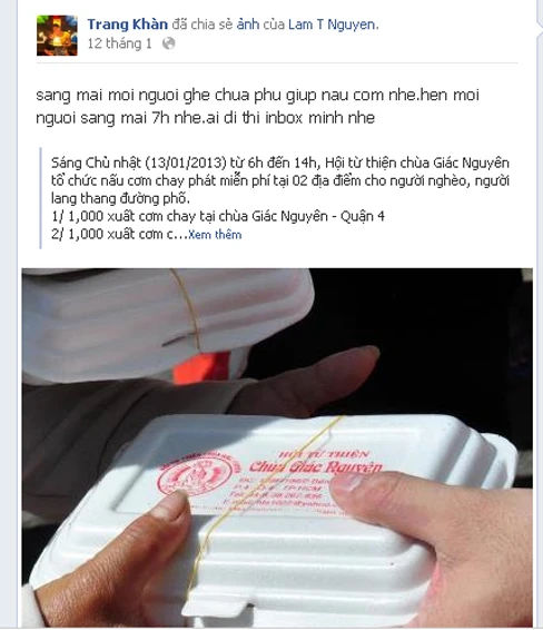 Trang Trần thường xuyên kêu gọi bạn bè làm từ thiện trên trang facebook cá nhân