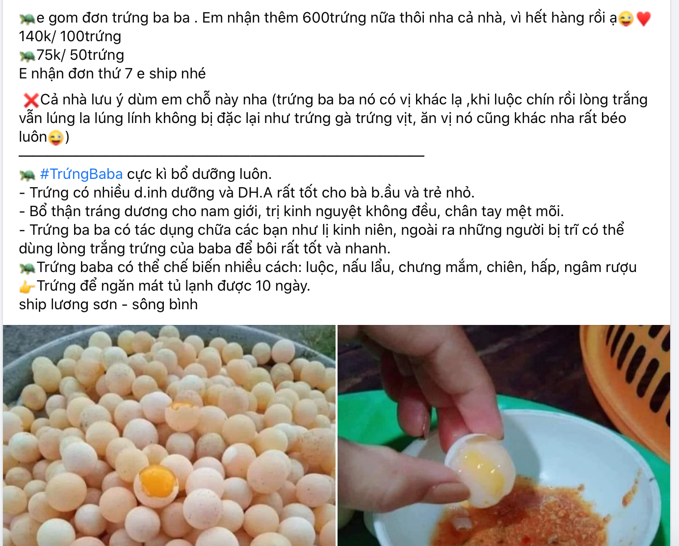 Trứng ba ba liên tục "cháy" hàng trên chợ mạng (Ảnh chụp màn hình)