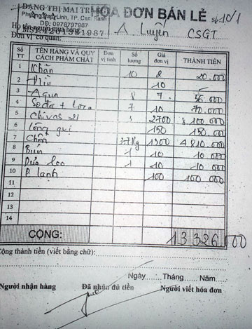 Trung tá Luyến với hóa đơn chầu nhậu hơn 13,3 triệu đồng. Ảnh: PN