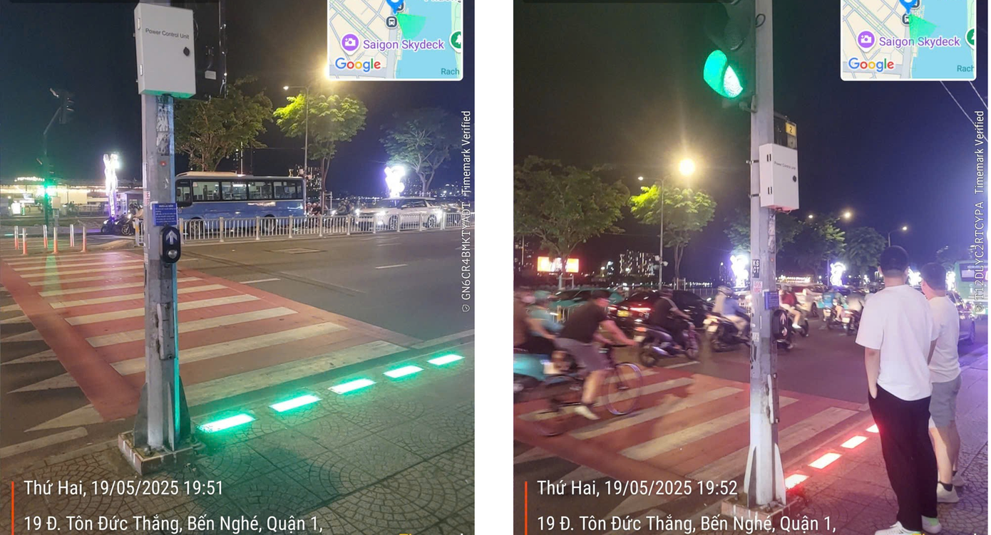 Vị trí thí điểm lắp đặt đèn dưới vỉa hè hỗ trợ người đi bộ qua đường. Ảnh: Sở Xây dựng TPHCM