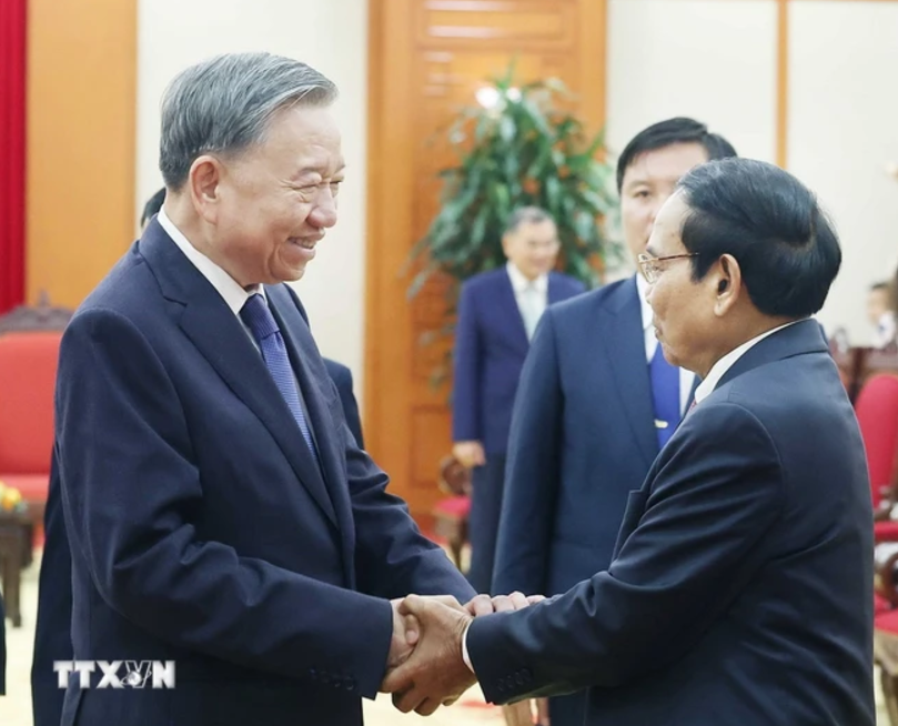 Tổng Bí thư Tô Lâm tiếp Thường trực Ban Bí thư Đảng Nhân dân Cách mạng Lào Bounthong Chitmany. (Ảnh: Thống Nhất/TTXVN) Tổng Bí thư Tô Lâm tiếp Thường trực Ban Bí thư Đảng Nhân dân Cách mạng Lào Bounthong Chitmany. (Ảnh: Thống Nhất/TTXVN)