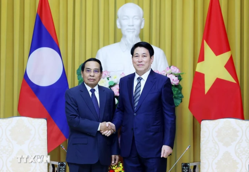 Chủ tịch nước Lương Cường tiếp đồng chí Bounthong Chitmany, Ủy viên Bộ Chính trị, Thường trực Ban Bí thư Đảng Nhân dân Cách mạng Lào, Phó Chủ tịch nước Lào. (Ảnh: Lâm Khánh/TTXVN)