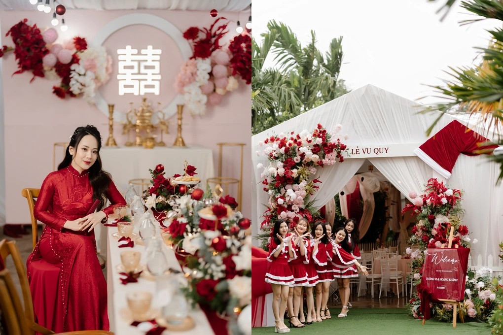 Rạp cưới với tông màu đỏ chủ đạo, tràn ngập không khí Giáng sinh.