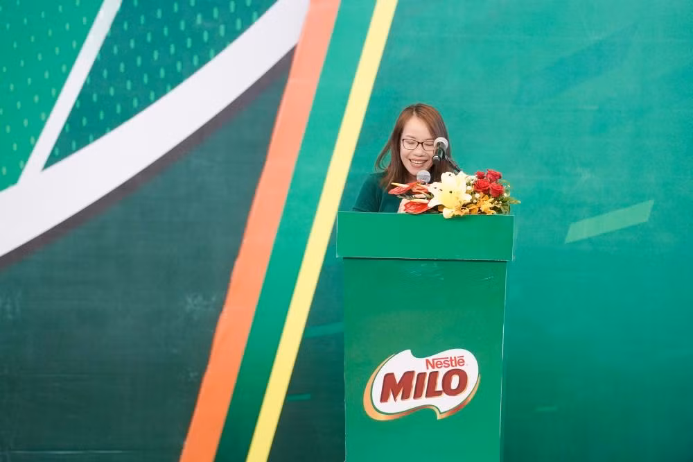 Bà Nguyễn Minh Nguyệt, Giám đốc ngành hàng MILO và Sữa tại công ty Nestlé Việt Nam phát biểu tại lễ khai mạc.