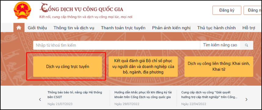 Giao diện Cổ dịch vụ công quốc gia để đăng nhập và đăng ký BHXH một lần.
