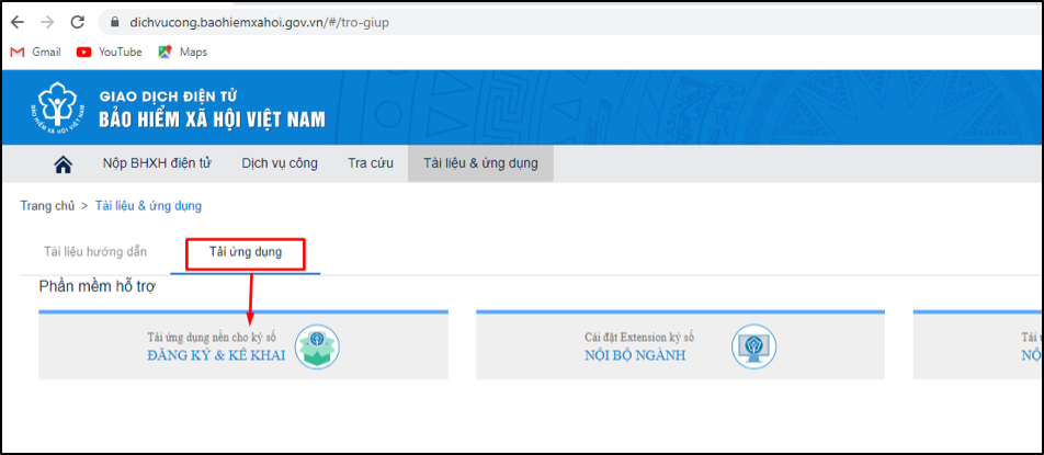 Giao diện để tải ứng dụng chữ ký số do BHXH Việt Nam cung cấp.