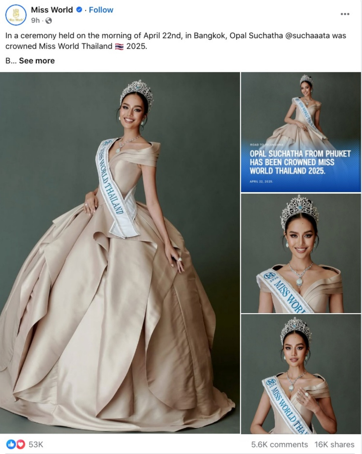 Hình ảnh của Opal trên trang chủ Miss World nhận được sự tương tác cực lớn. Hình ảnh của Opal trên trang chủ Miss World nhận được sự tương tác cực lớn.