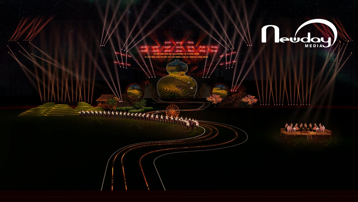 Phối cảnh sân khấu lễ đón bằng di sản xòe Thái.