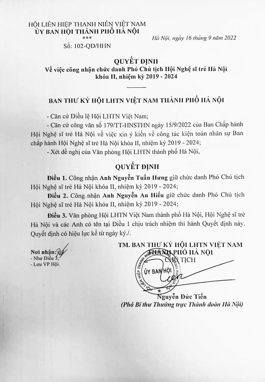 Quyết định công nhận chức danh Phó Chủ tịch Hội Nghệ sĩ trẻ Hà Nội. Quyết định công nhận chức danh Phó Chủ tịch Hội Nghệ sĩ trẻ Hà Nội.