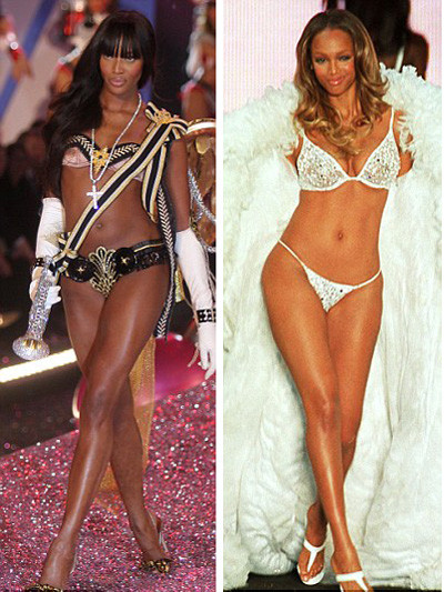 Thế hệ siêu mẫu vàng của Victoria's Secret như Naomi Campbell (trái) hay Tyra Banks đều sở hữu body đẫy đà. Thế hệ siêu mẫu vàng của Victoria's Secret như Naomi Campbell (trái)hay Tyra Banks đều sở hữu body đẫy đà