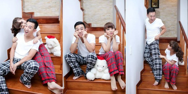 Quốc Việt luôn vào vai ông chồng bị vợ ăn hiếp, nhưng có vẻ như anh rất hạnh phúc, mãn nguyện về điều đó!